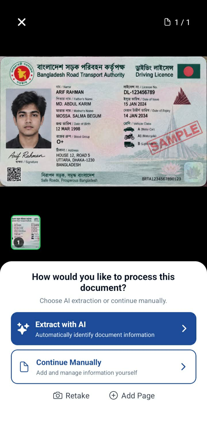 Nirapad document preview with Extract with AI and Continue Manually options