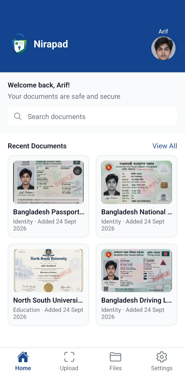 Nirapad Home screen