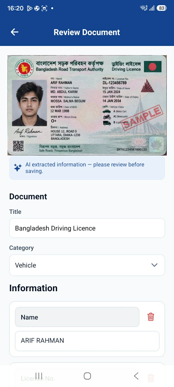 Original sample Bangladesh driving licence