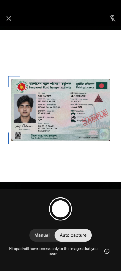 Nirapad scanning screen with a sample driving licence and capture controls